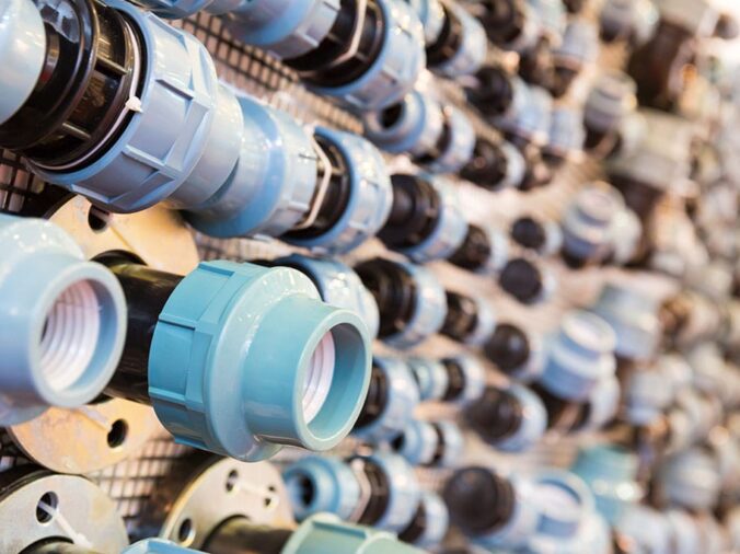 PVC unions in a plumbing supply warehouse